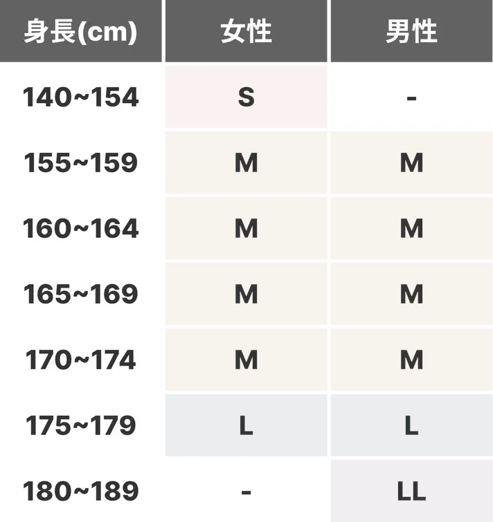 性別・身長別のサイズ対応