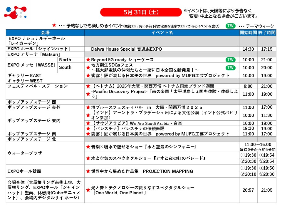 5月31日のイベントスケジュール ※画像を開いてからクリックで拡大