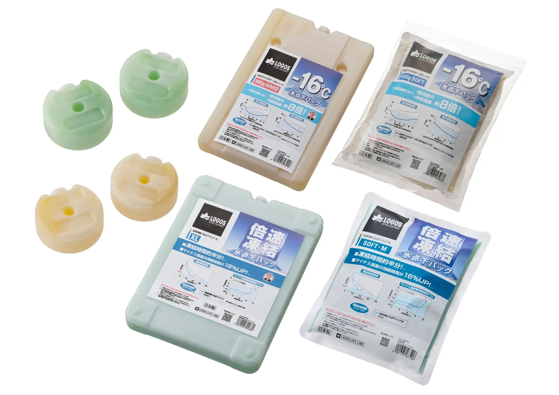 キャンプなど長時間のアウトドアでは、凍らせた「氷点下パック」の保管クーラーとしても使える。ハードタイプのMサイズなら7個、XLサイズは3個、超速タイプは6個を収納可能