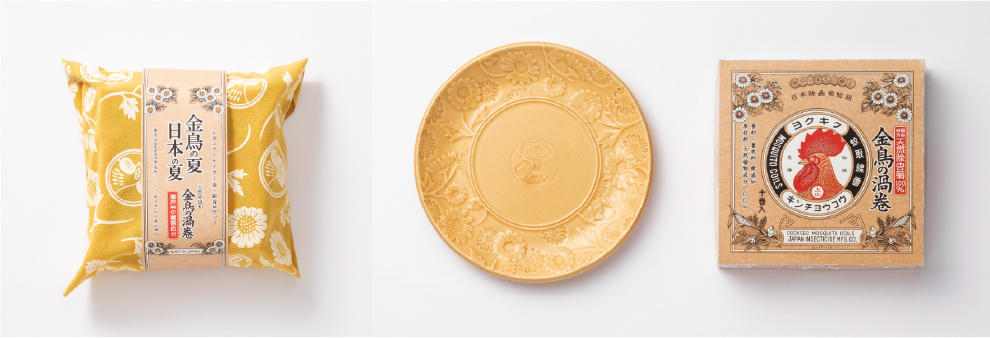 新作「金鳥の渦巻と瀬戸焼の線香皿セット」（4070円）。中川政七商店がパッケージをデザインした「天然除虫菊 金鳥の渦巻」と、金鳥ならではの絵柄が浮かぶ瀬戸焼の線香皿を菊染め手ぬぐいで包んだセット