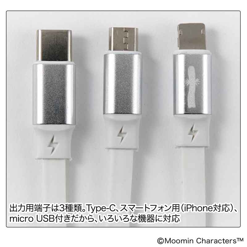3種端子の巻き取り式USB充電ケーブルと、水着姿のムーミンがかわいいビニールポーチがセット