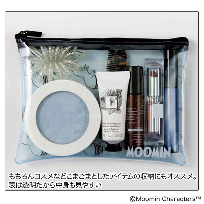 3種端子の巻き取り式USB充電ケーブルと、水着姿のムーミンがかわいいビニールポーチがセット