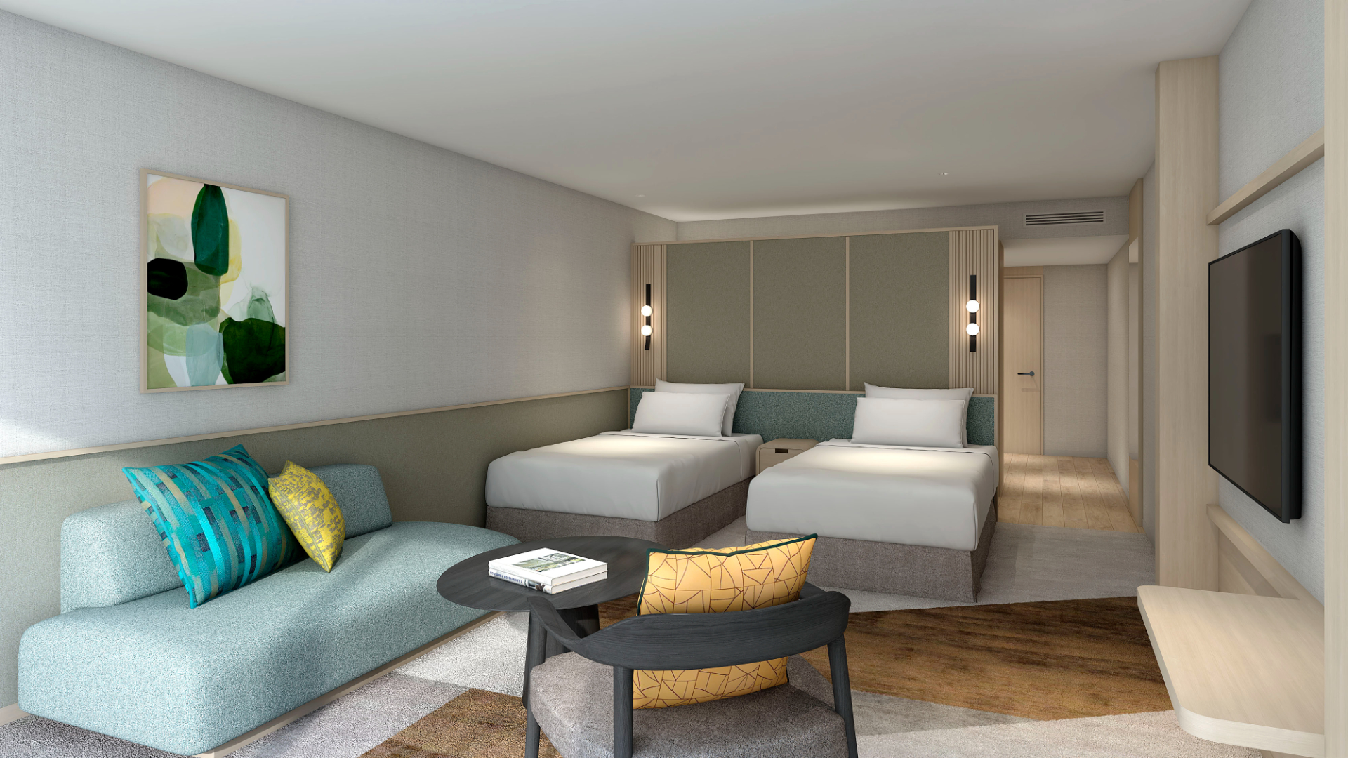 高原リゾートらしい温かみのある色調とインテリアで設えたゲストルーム