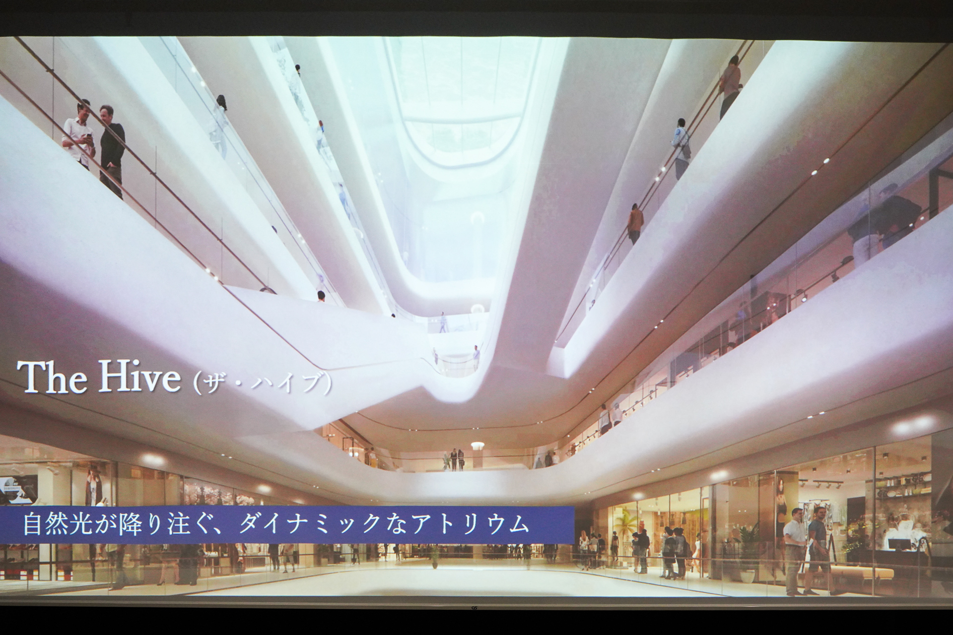 低層階の中心にあるダイナミックなアトリウム「The Hive」