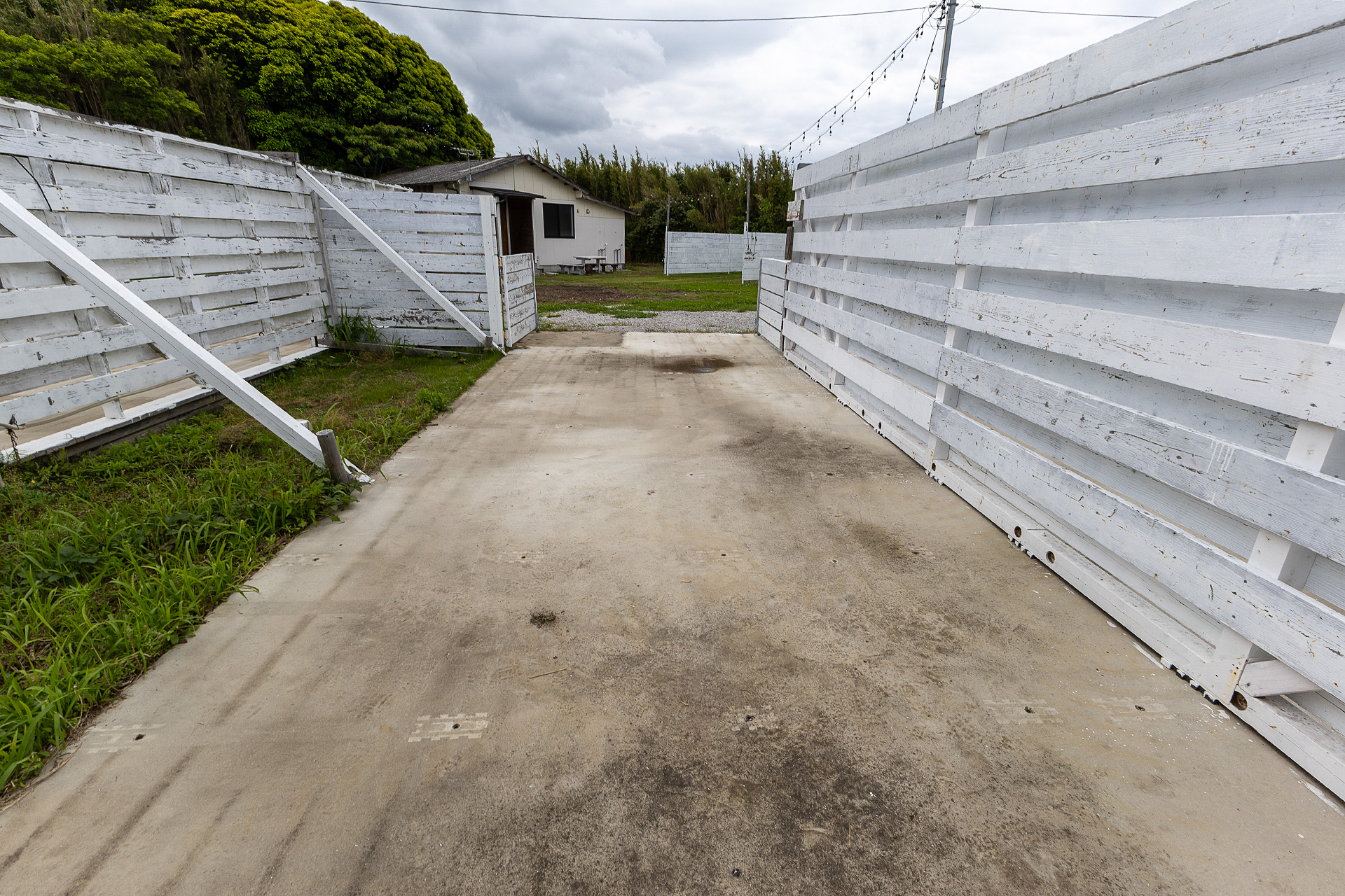 パグサイトはスペースが少し広く、コンクリート敷きの横に土のスペースがある。まだ正式オープン前なので雑草が目立つが営業開始時は整備される