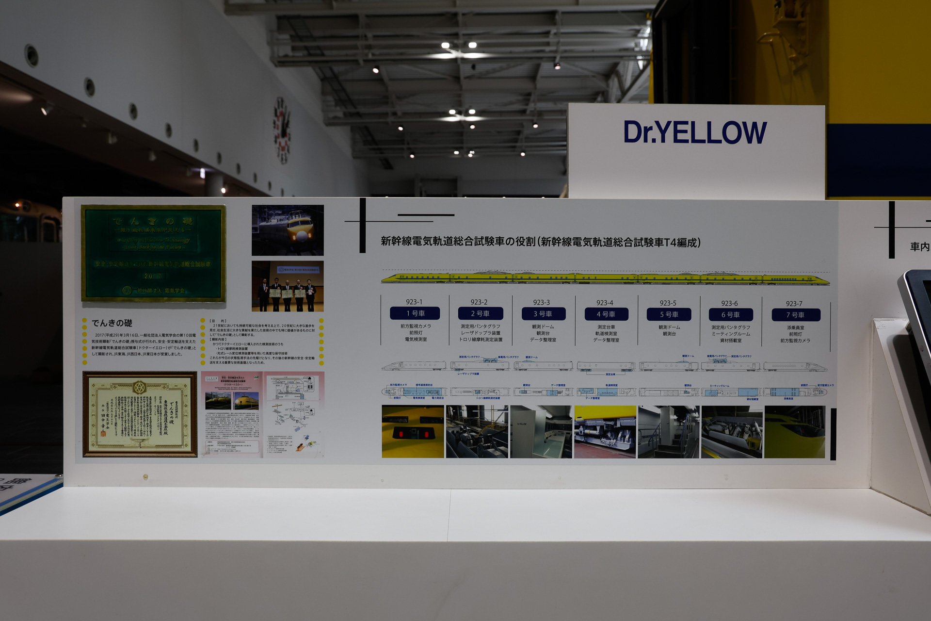 展示スペースの手前には、もう923形の概要を紹介するパネルが設置されていた。なお、現役時代の車内の模様については、写真の右手にある画面で「バーチャル展示」として見ることができる