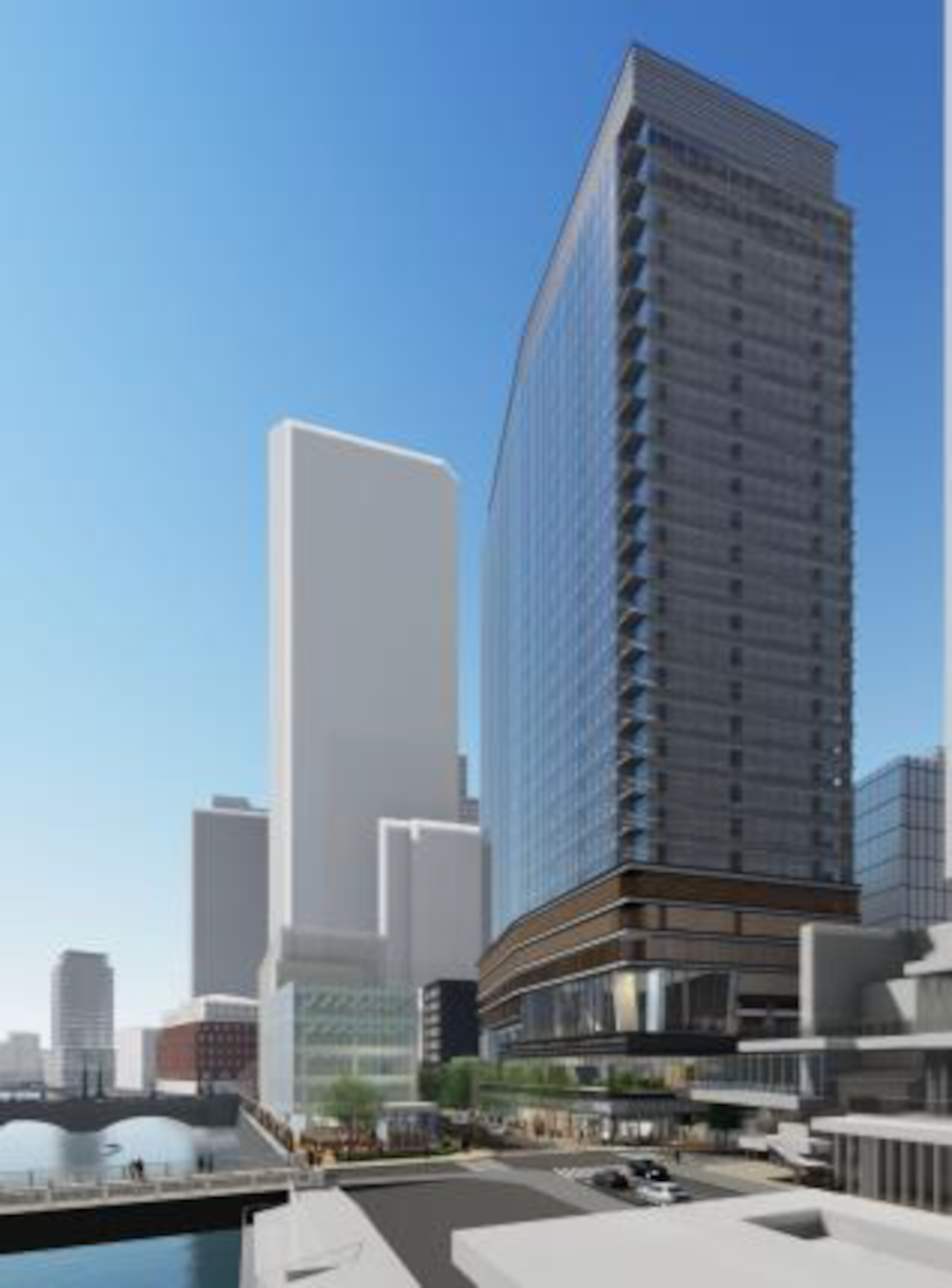 「日本橋一丁目1・2番地区」は主に情報発信拠点機能を担い、インバウンド含む人々の交流を促進する文化体験施設やMICEのアフターコンベンションの場を配置。水辺には広場や歩行者ネットワークなどを整備。隣接する日本橋一丁目中地区・八重洲一丁目北地区とはデッキや地下通路でつながる