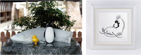 左：豊玉姫神社の白ナマズ　　右：描き下ろし原画「白ナマズの背に乗って」