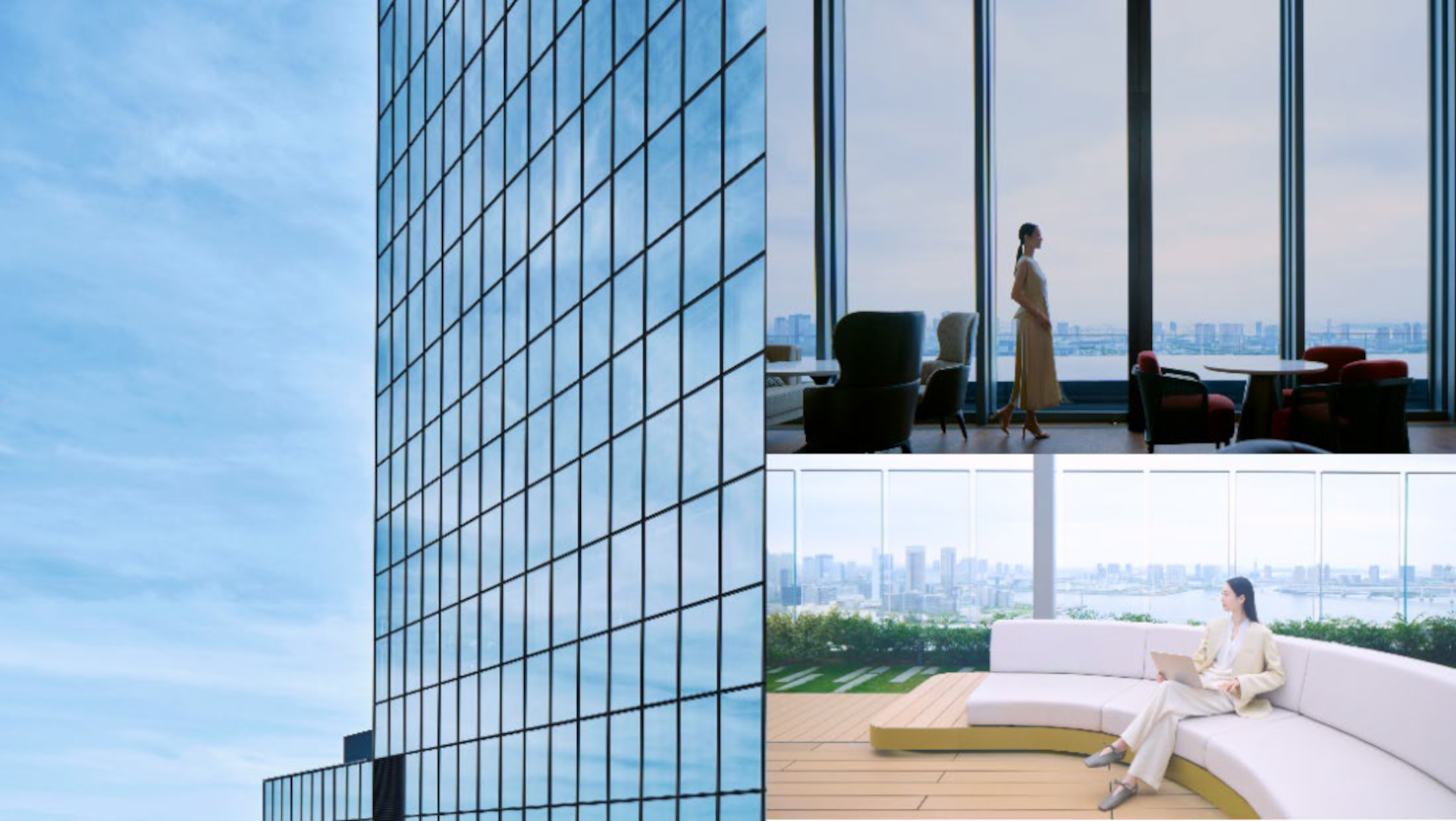 外観は周囲の景色を映し出すカーテンウォールの外壁が特徴的。内部にはオーシャンビューとシティービューを望む共有テラスなどを随所に設ける