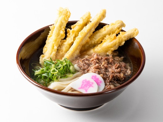 ごぼうの天ぷらと甘辛い牛肉がのった「肉ごぼ天うどん」