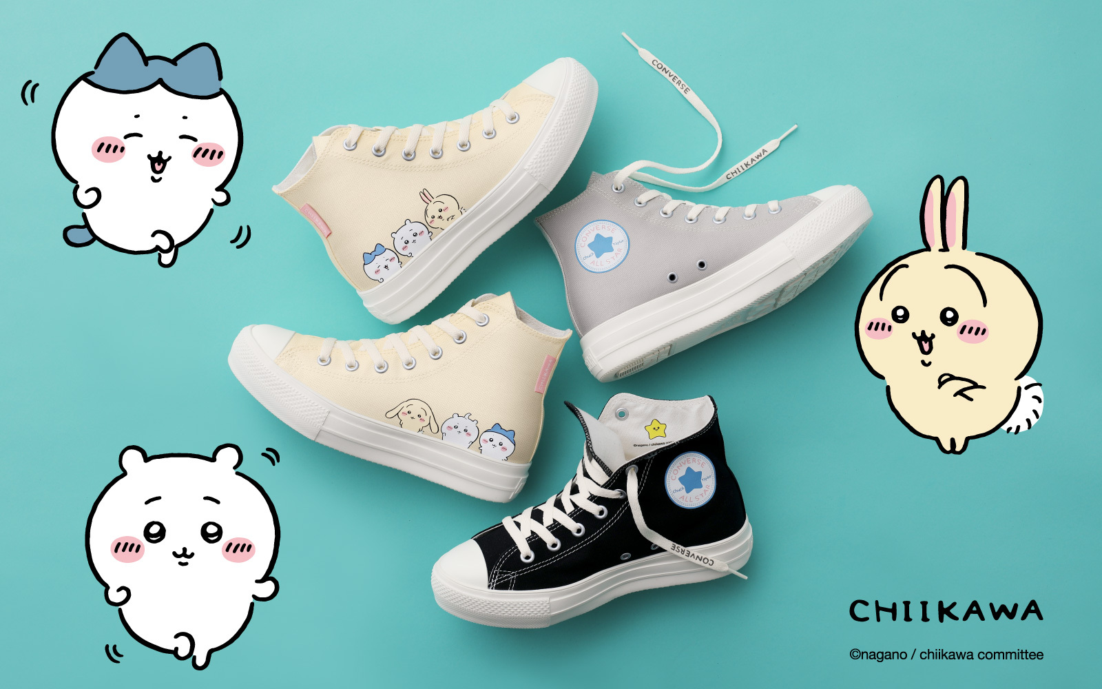 ちいかわ・ハチワレ・うさぎをプリントした軽量厚底モデル「ALL STAR LIGHT PLTS PT HI / CHIIKAWA」。カラーはクリーム、ブラック、ライトグレイ
