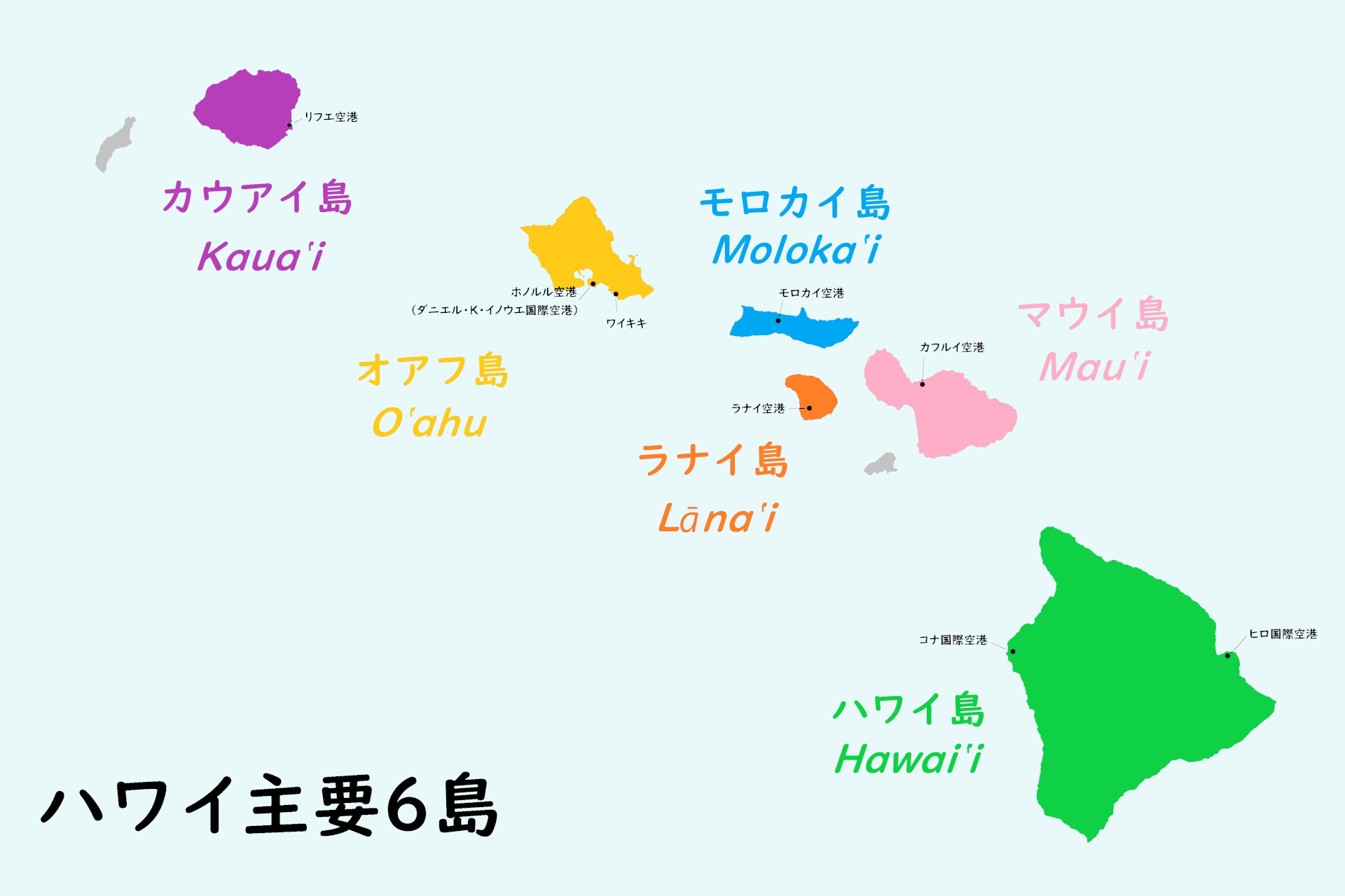 大小100以上の島々からなるハワイ州。主要な8島のうち、上記6島が観光などで立ち入ることが可能