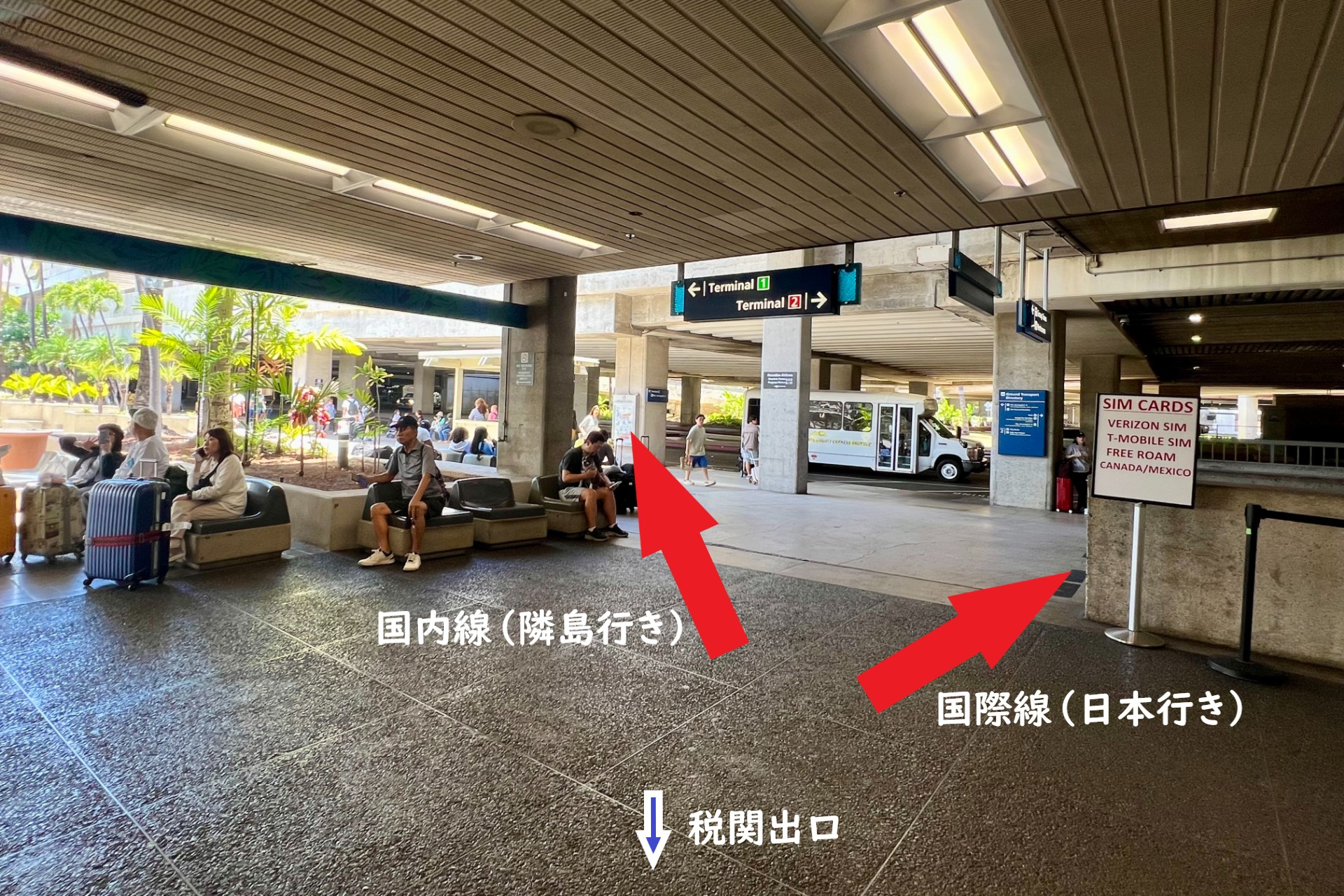 日本からホノルル空港に到着し、税関を出てすぐのところ。左手に進むと隣島への乗り継ぎ（ターミナル1）、右手に進むと日本行き（ターミナル2）