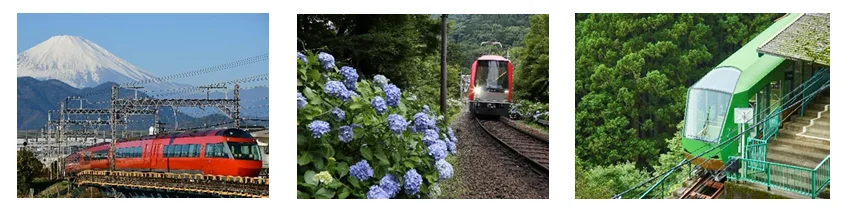左から小田急ロマンスカー、箱根登山電車、大山ケーブルカー