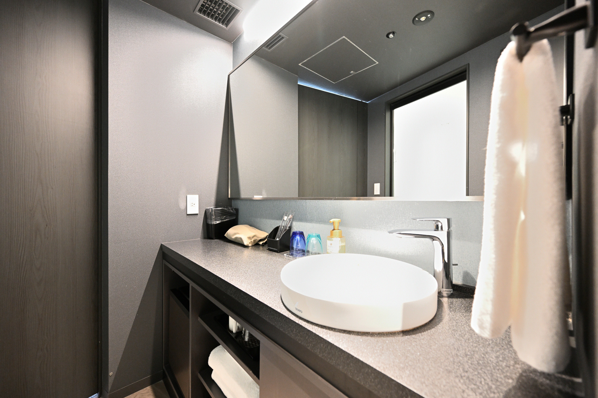 大きな鏡と明るい照明の洗面台は女性にもうれしい設備だ