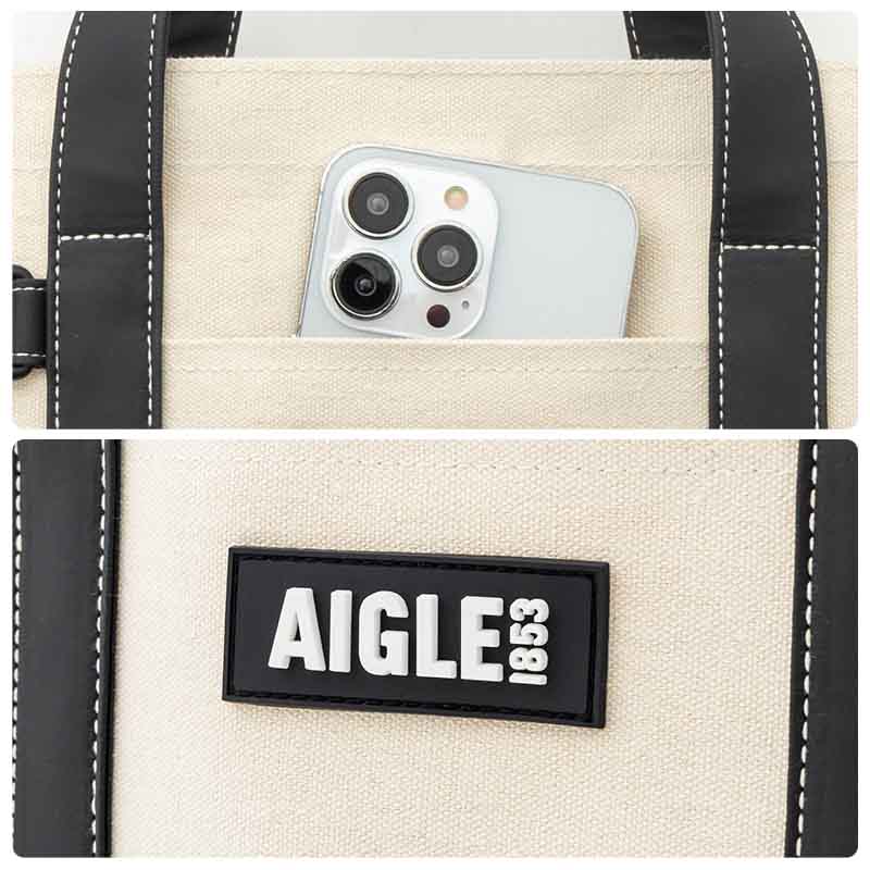 ファミリーマート限定のミニトートバッグ「AIGLE TOWN⇔OUTDOOR MINI TOTE BAG BOOK」は、6つのポケット付きで整理整頓しやすいデザイン。サイズは約33×11.5×22cm（幅×奥行き×高さ）、取り外し可能なショルダーストラップの長さ128cm、チャームは赤