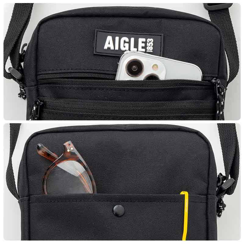 ファミリーマート限定のライトショルダーバッグ「AIGLE TOWN⇔OUTDOOR LIGHT SHOULDER BAG BOOK」は、コンパクトながら600mLペットボトルが縦に入る収納力で、撥水加工生地。サイズは約16×4.5×20.5cm（幅×奥行き×高さ）、ショルダーストラップの長さ128cm、チャームは白