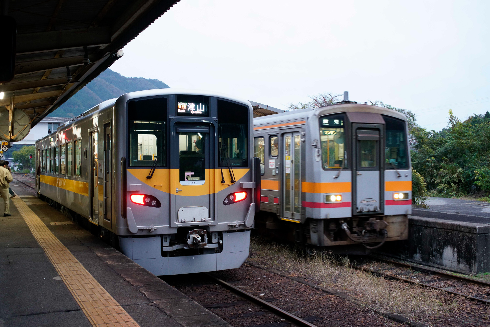 姫新線の中国勝山駅で。このときは、たまたま臨時快速「ハレノモリ」が走っていたが、普段は単行気動車の普通列車が行き来するだけの区間である