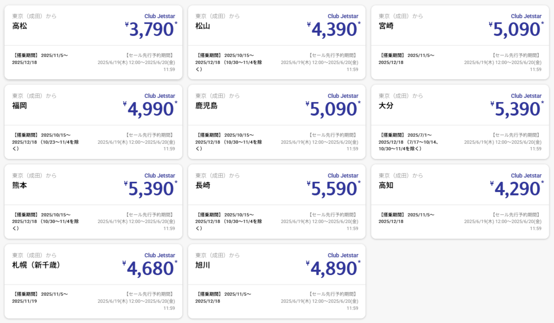 セール運賃一例（成田発の場合）