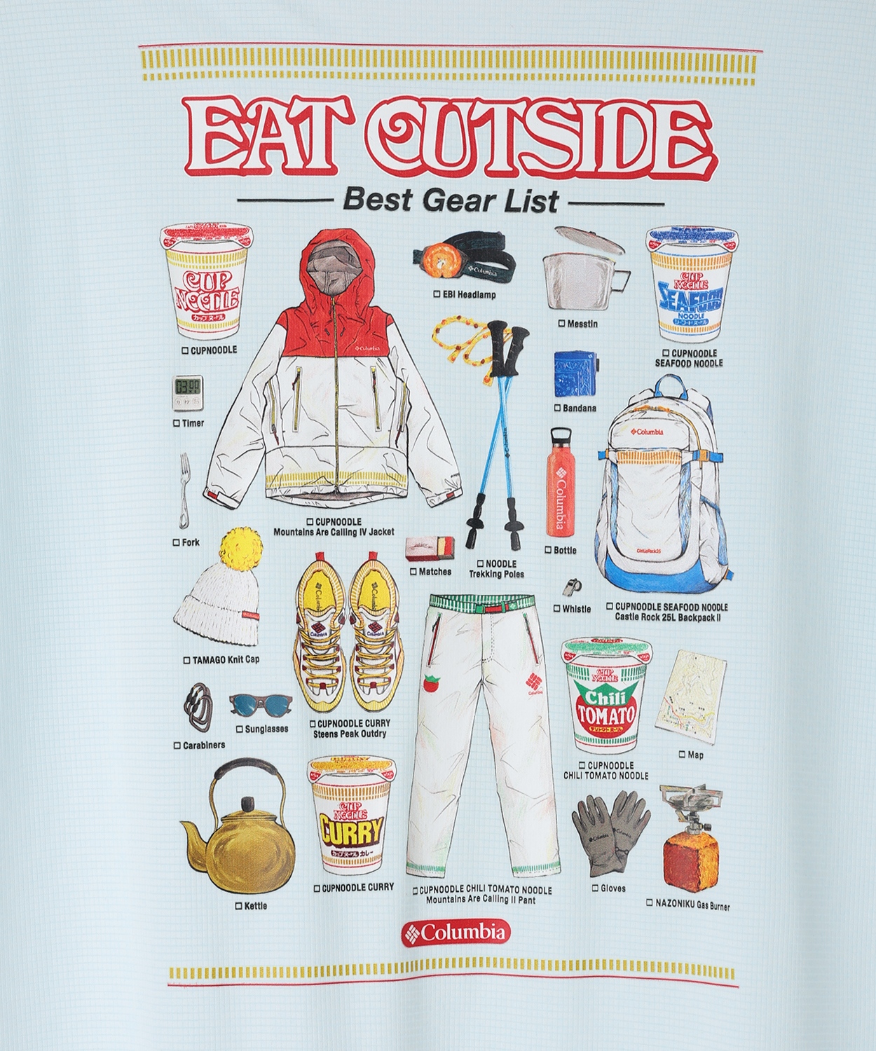 カップヌードルや登山用品を並べたイラスト。よく見るとグッズにも具材の意匠が