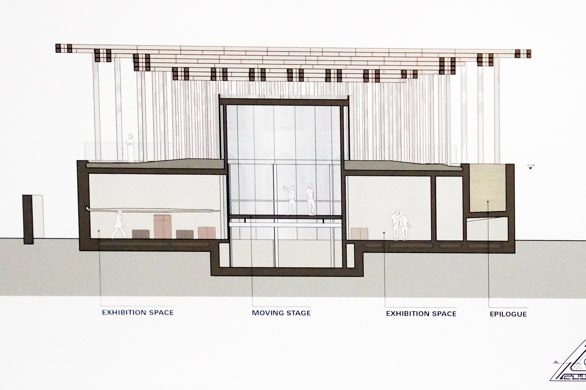 パビリオンの立面図。中央には可動式ステージがありシームレスにつなぎ、旅を体験