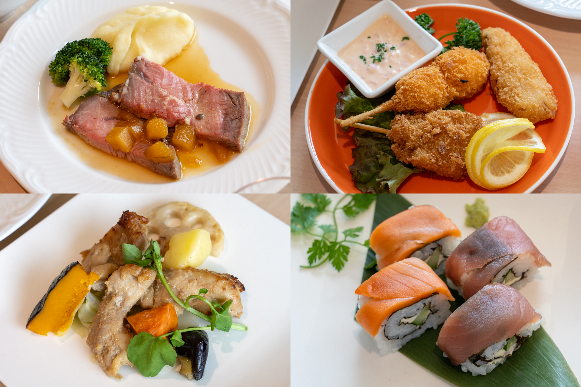 低温でゆっくり、予熱でじっくり火を入れることでしっとりと仕上がるローストビーフが人気（左上）