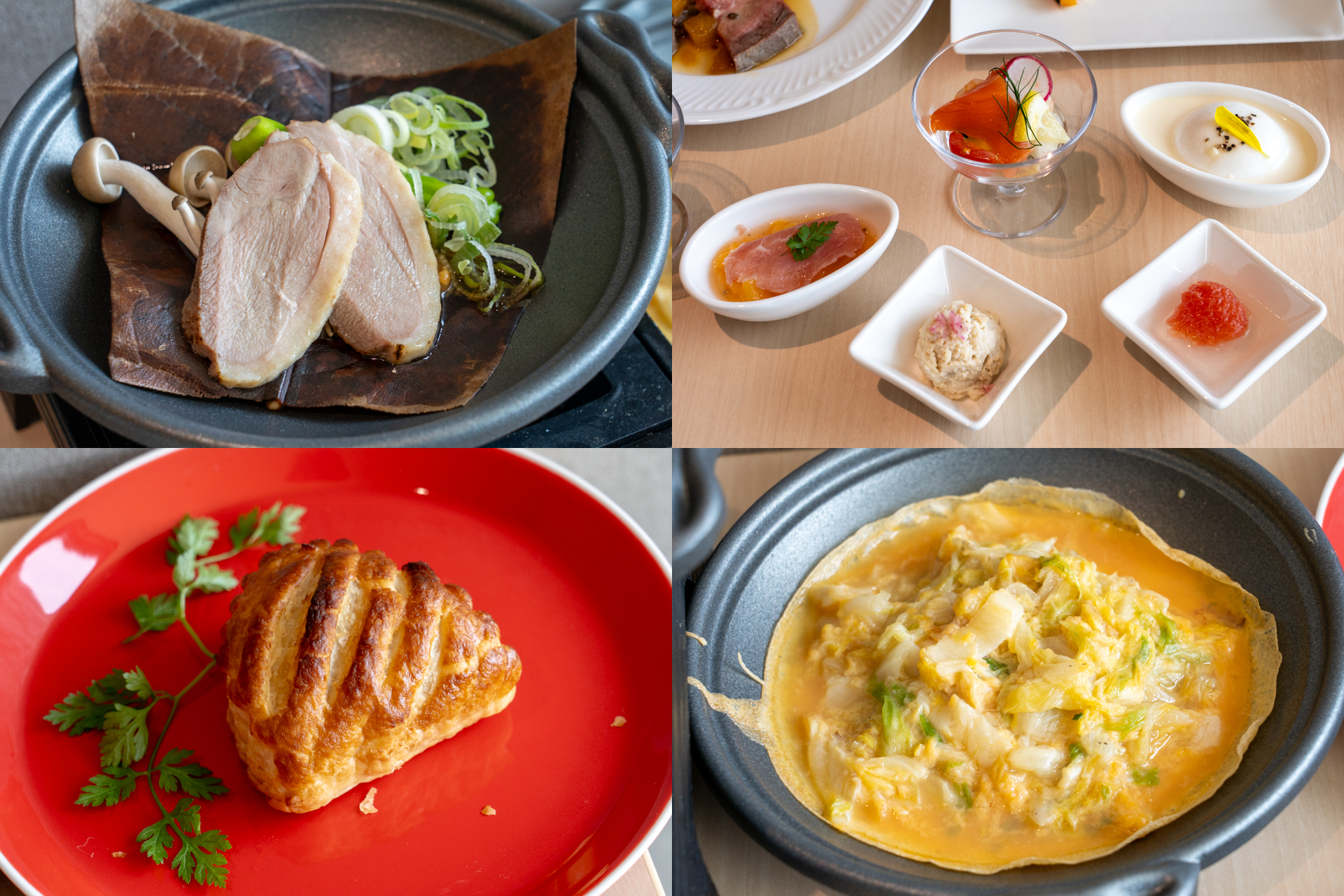 郷土料理の朴葉味噌焼き（左上）は鴨肉を使用。卓上で個々が炊くスタイル