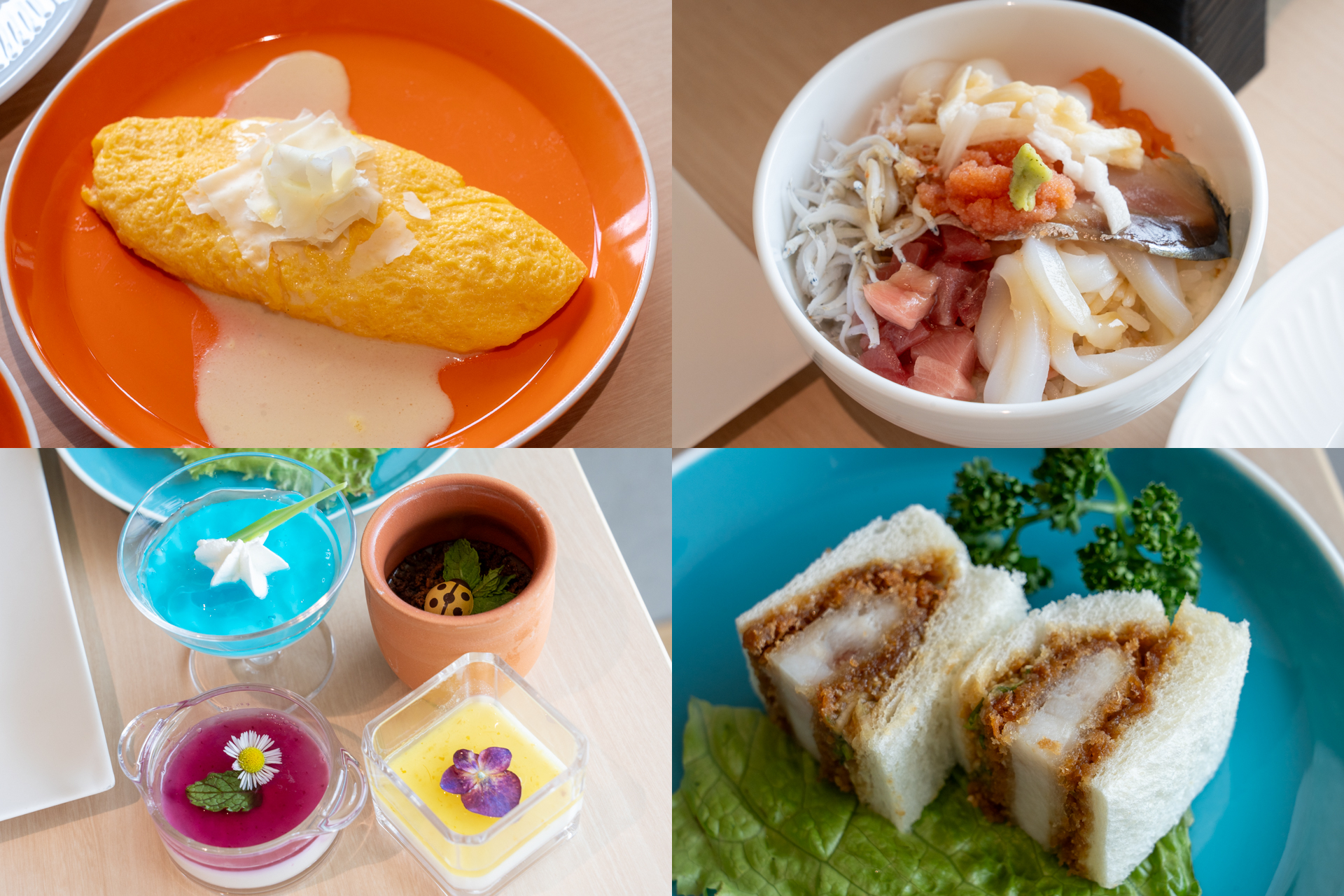 大江戸温泉物語では定番朝食メニュー「のっけ丼」（右上）や朴葉味噌を使ったカツサンドも