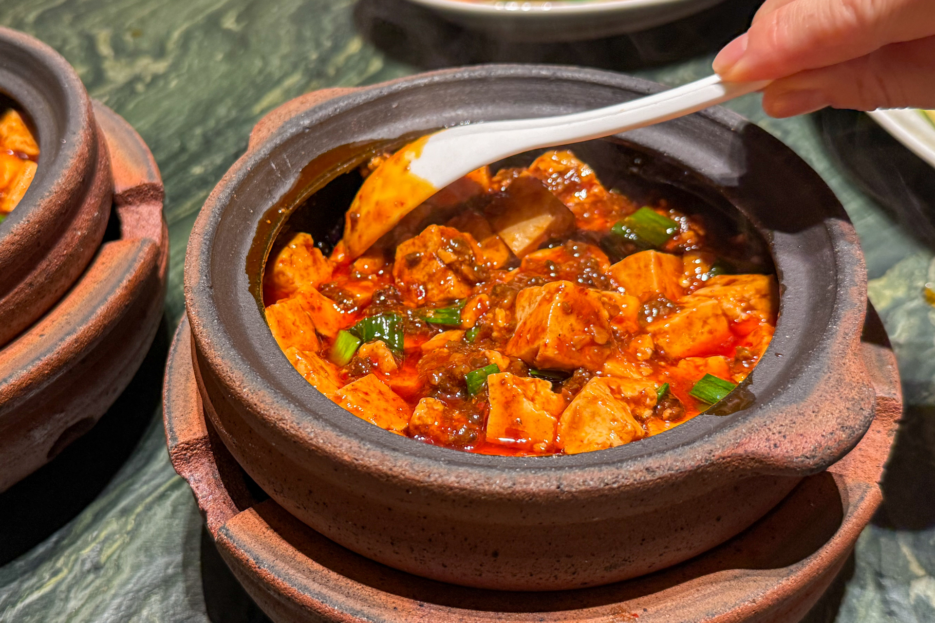 鶏肉の唐揚げをびっくりする量の唐辛子と花椒などと炒めた代表的な四川料理「辣子鶏（ラーズーチー）」が衝撃でした（右下）