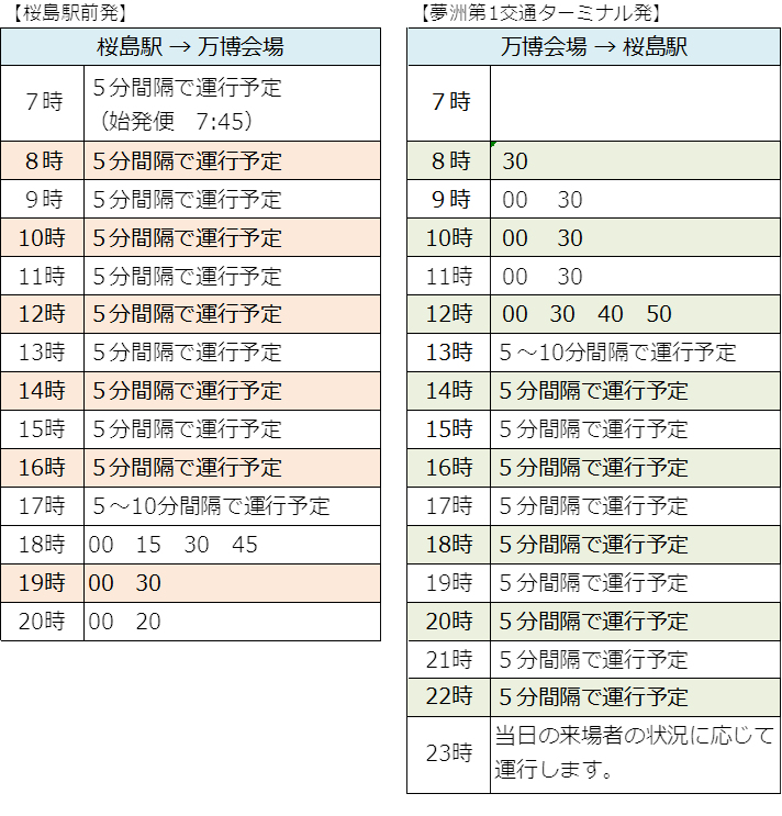 桜島駅シャトルバスの時刻表