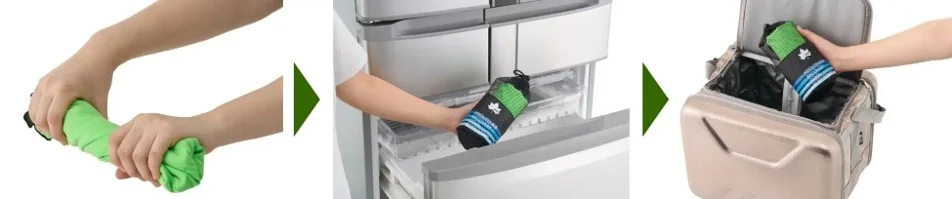 濡らして絞り、付属の袋に入れて冷凍庫で凍らせる（写真はグリーン）