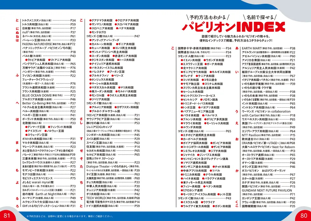 行きたいパビリオンの予約方法が一覧から探せる「パビリオンINDEX」