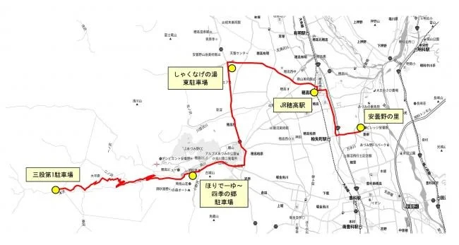 運行ルート。各乗り場付近に登山者用臨時駐車場を設けている