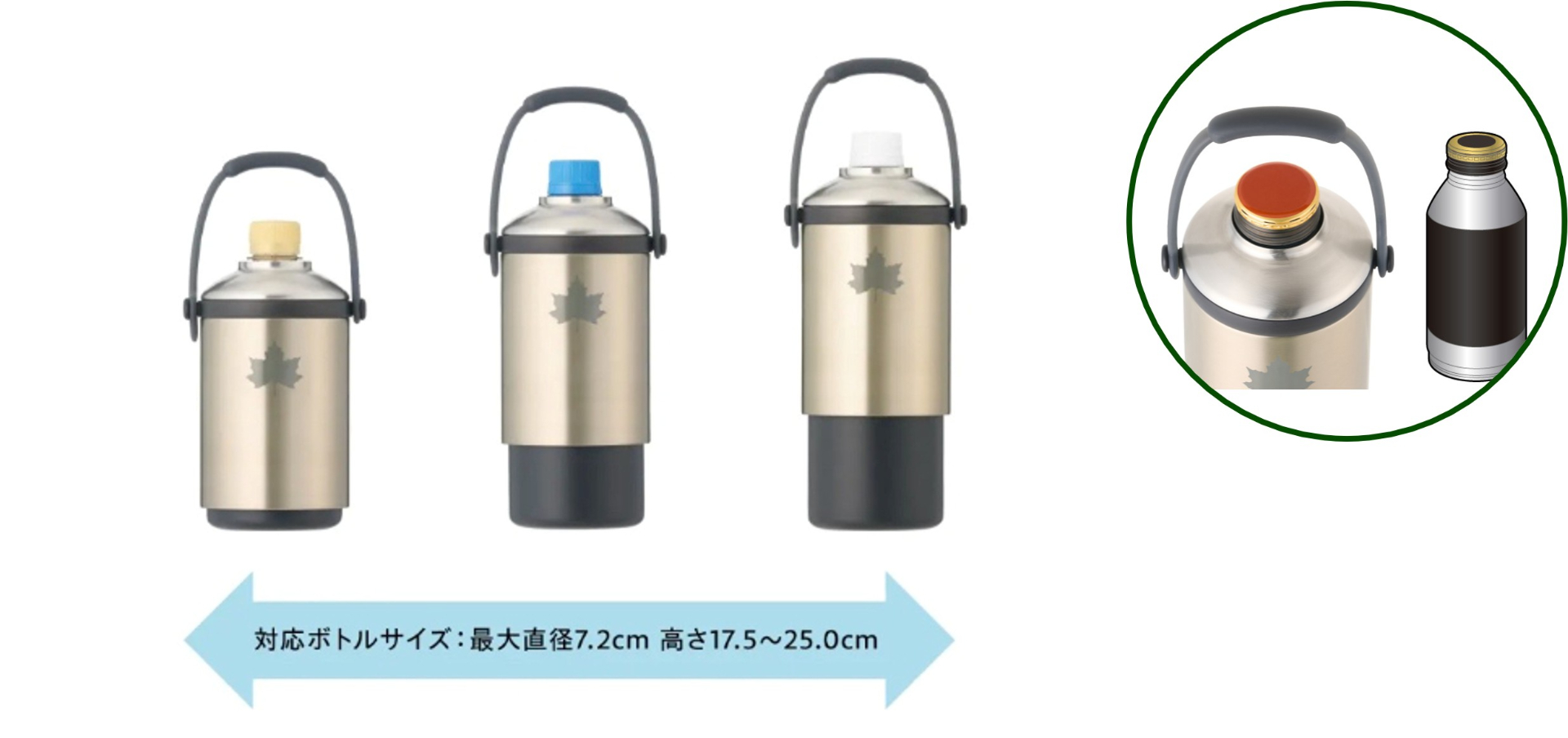 最大直径7.2cm、高さ17.5cm～20.5cmと幅広いサイズに対応。ボトル容量は約300〜670mLが目安