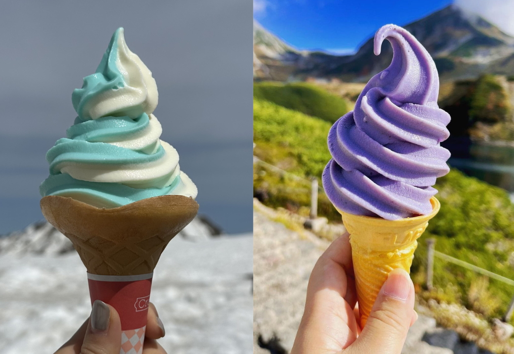 「みくりが池ソフト」（左）と「ブルーベリーソフト」（右）