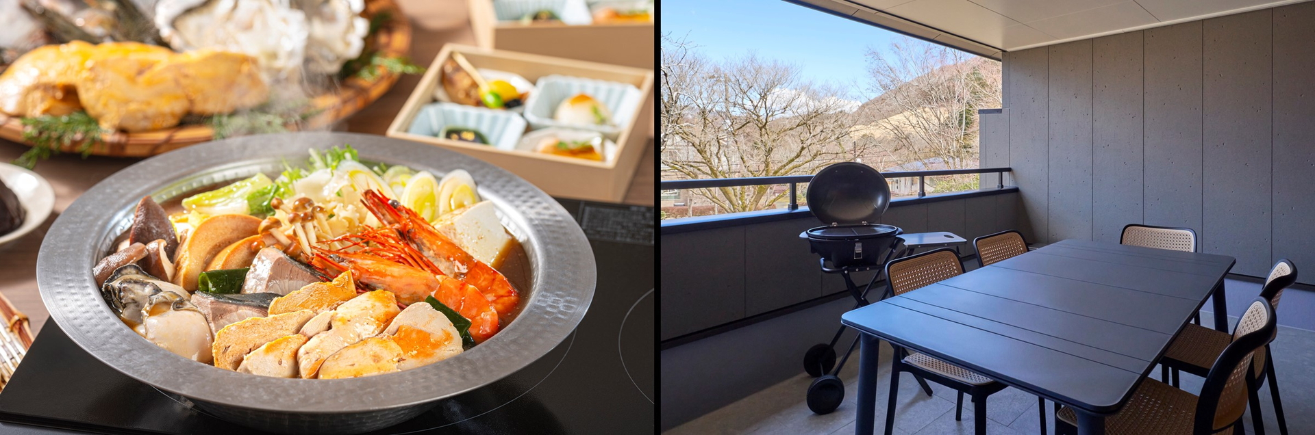 Rakuten STAY VILLA 箱根桃源台の夕食（左）、Rakuten STAY 箱根すすき草原のバーベキューができるテラス（右）