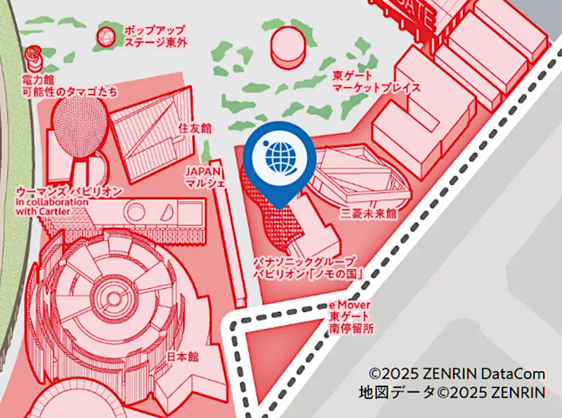 場所はe Mover（万博会場内・外周バス）東ゲート南停留所すぐそば &copy;2025 ZENRIN DataCom