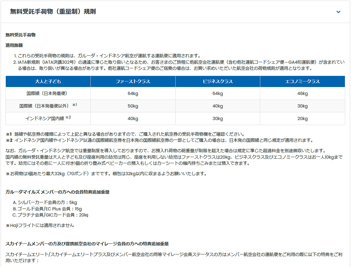 無料受託手荷物は重量制