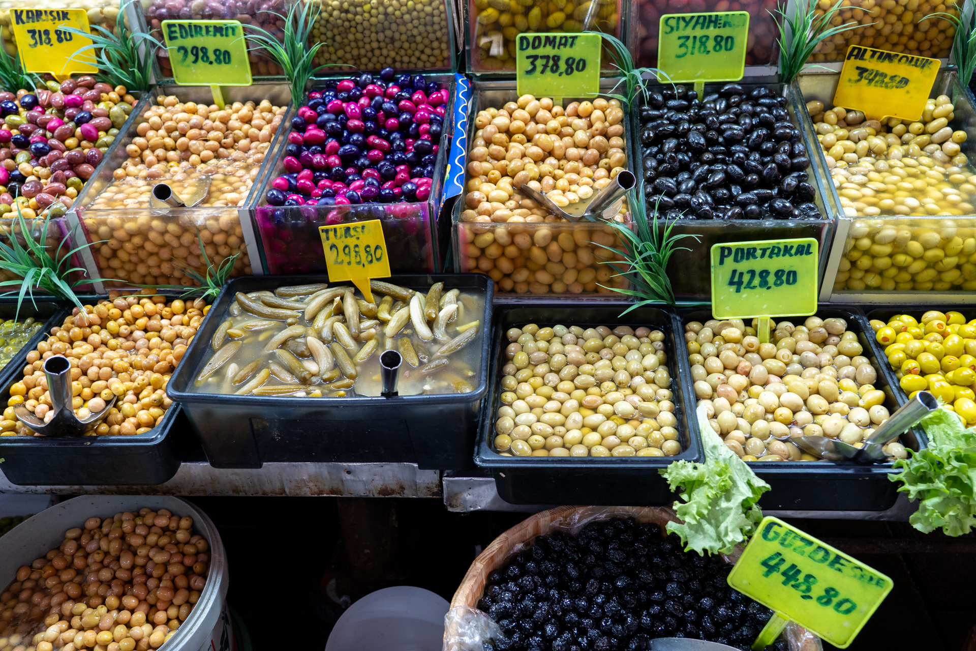 野菜や魚、オリーブなど。茶色いのはトルコ伝統料理でごはんを詰めて巻くブドウの葉