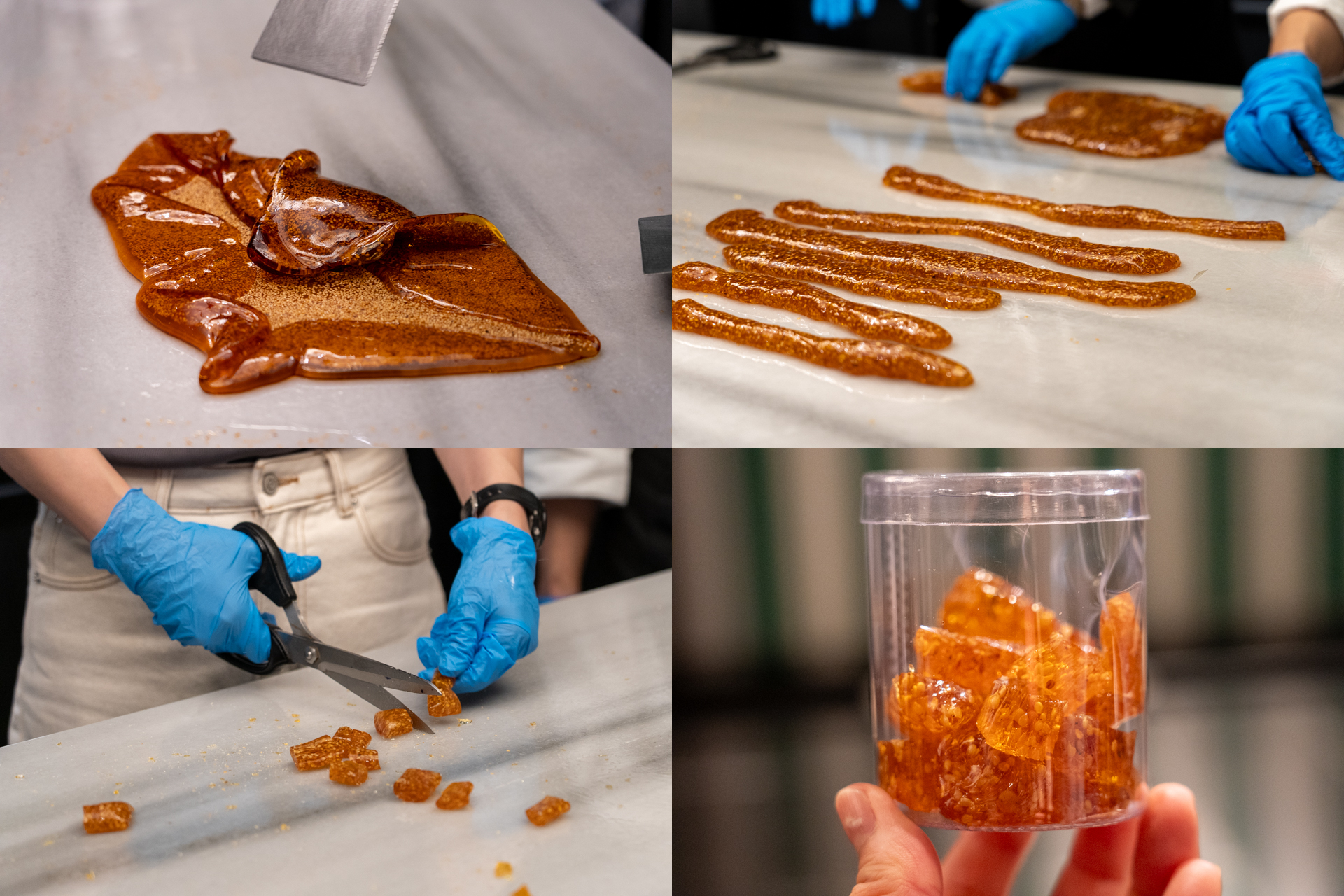 一定の濃度になるまで高温で煮詰め、冷ましてから包丁を使ってリズムよくカット