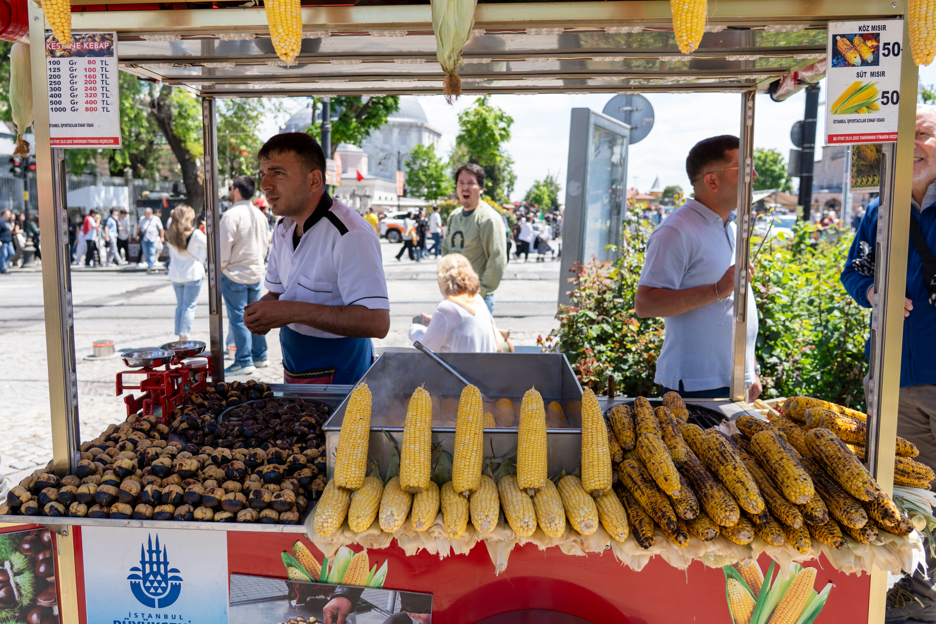 シミットと同じくよく見かけたのが焼き栗、焼きとうもろこしの屋台。食べたかったけれどタイミング合わず