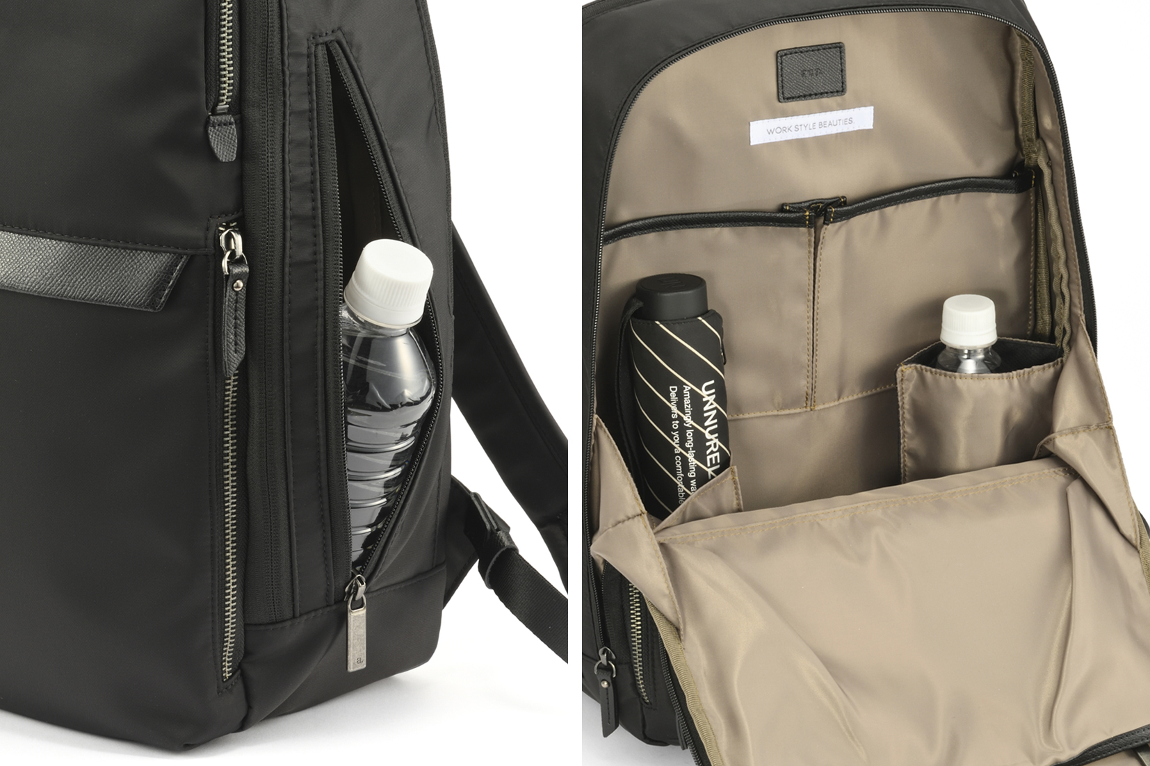 リュックのボトルホルダーは2WAYスルーポケット仕様