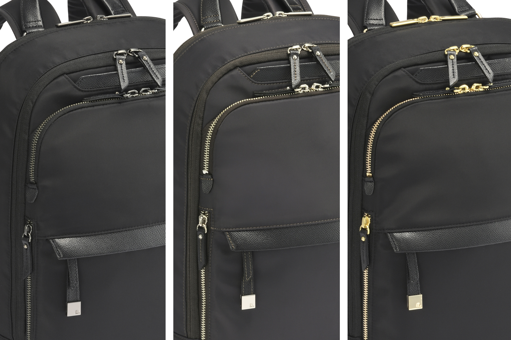 左からブラック（シルバー金具）、チャコール、ブラック（ゴールド金具）