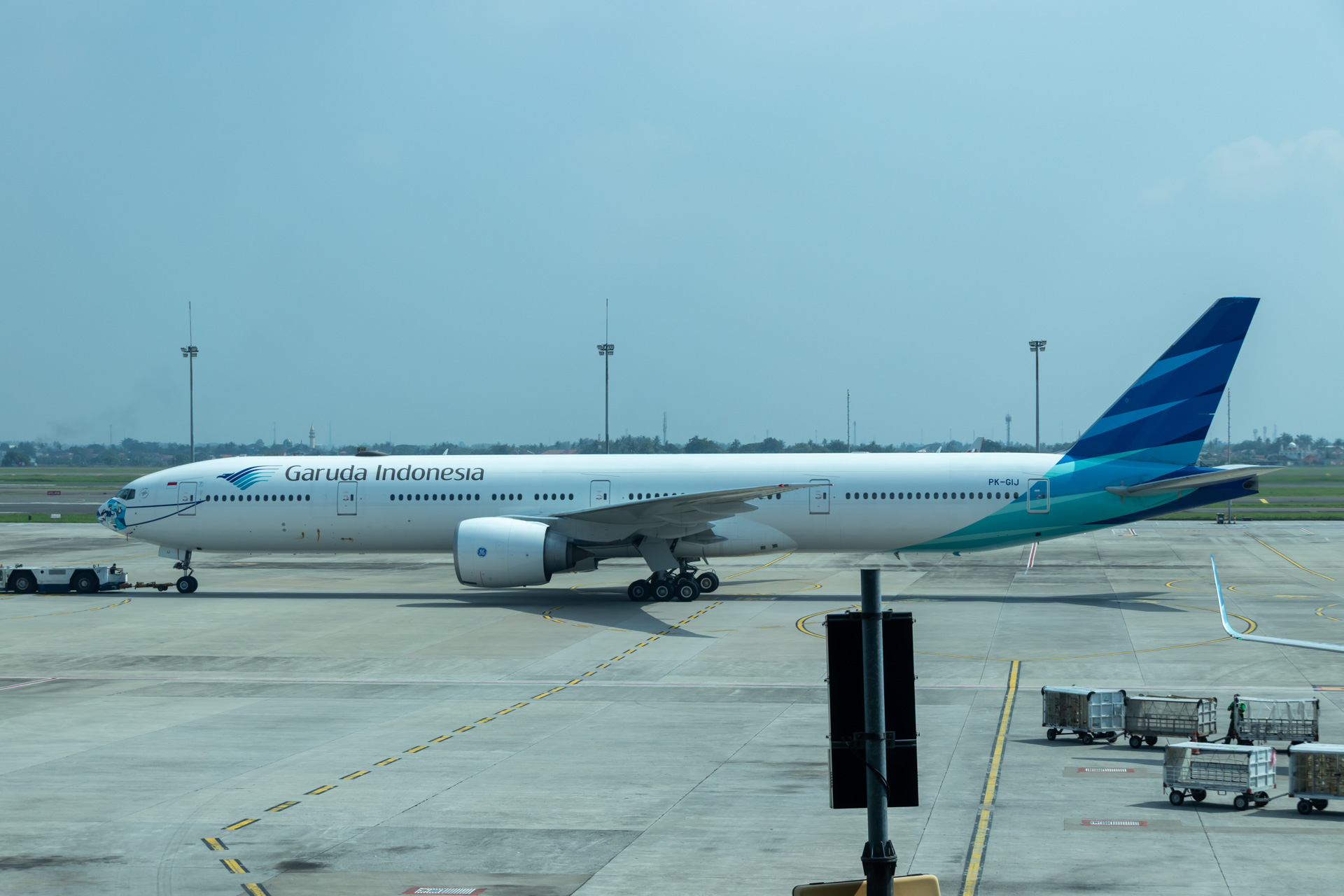 歩いている途中でマスクデザインの特別塗装機（ボーイング 777-300型機）に出会えた