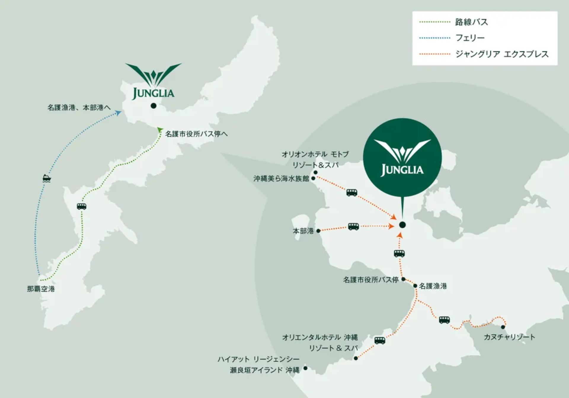 ジャングリア沖縄は沖縄本島北部にあり、那覇空港からクルマで約1時間30分