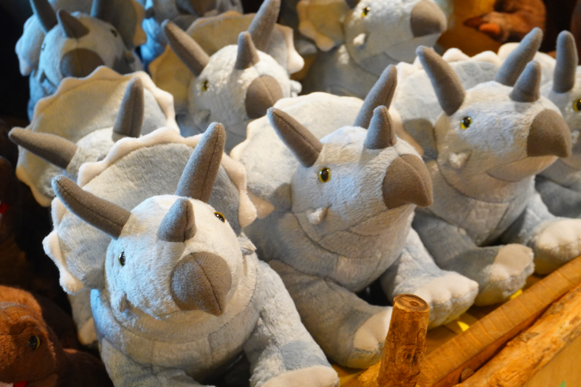 大型ショップ「ビレッジバザール」はパーク内に2か所。恐竜のぬいぐるみや親子で着られるアパレル、お菓子など、沖縄土産にもなる約550種類を取り揃える