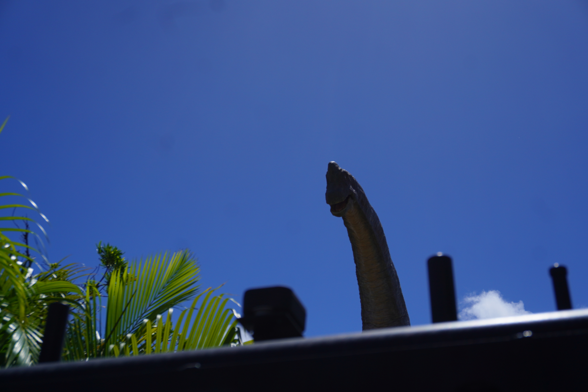 「ダイナソーサファリ」はオフロード車で駆け巡るジャングルツアー。次々と現われる恐竜に遭遇し、クライマックスはT-REXから逃れるため急勾配や池を猛スピードで爆走。途中でブラキオサウルスの股下を通り抜けることろでは滝のようなオシッコをかけられてしまうので要注意。無事に帰着すると、捕獲されたT-REXとの記念撮影タイムも