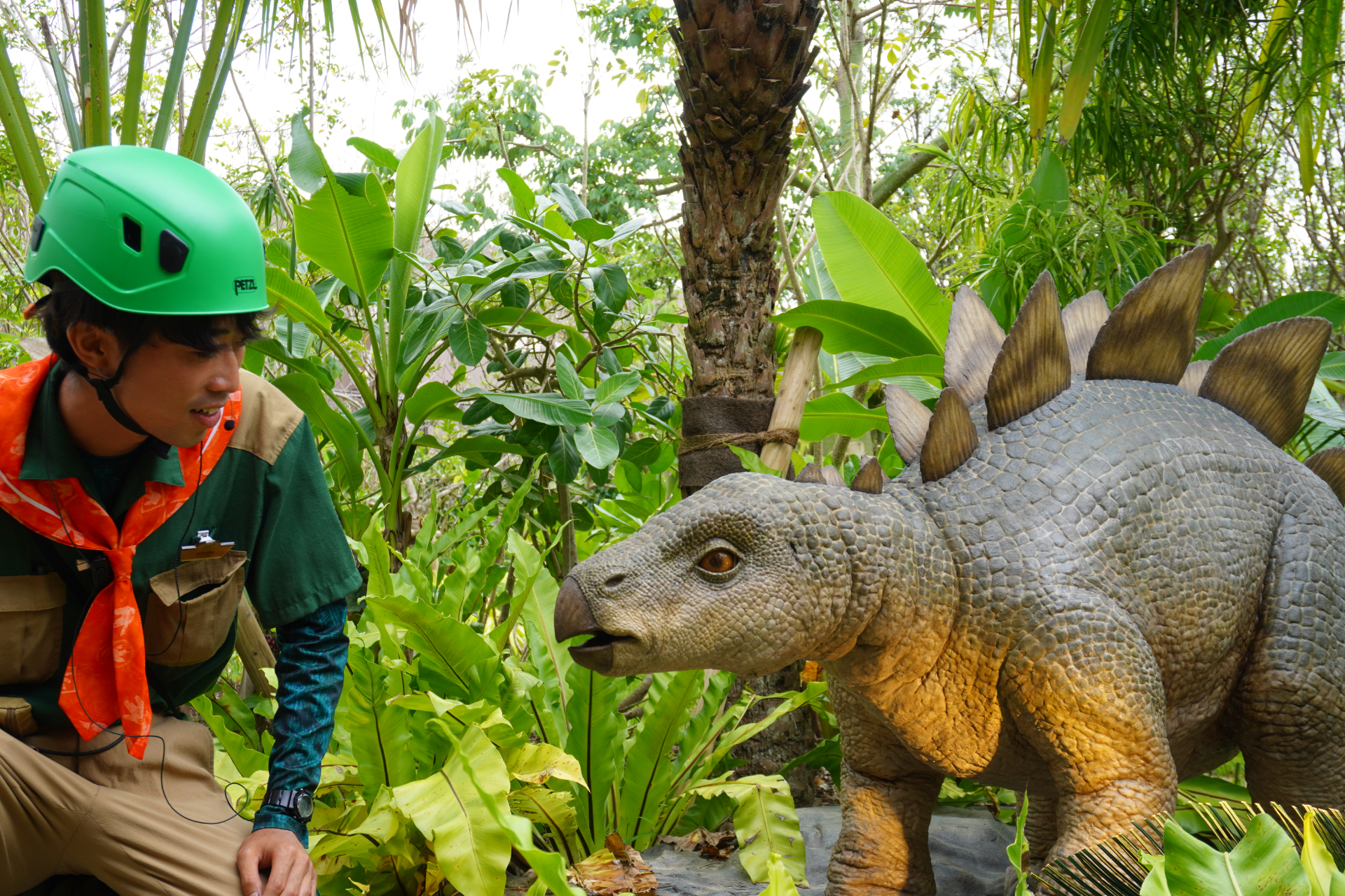 「ファインディングダイナソー」は、迷子になった恐竜の赤ちゃんを探すジャングルツアー。途中にはトロッコや吊り橋もあり、クライマックスは狭い洞窟の中へ。そこで見られる感動の光景は、ぜひパークに来場して体験を。ツアーの最後には参加者特典のステッカーシールがもらえ、動く恐竜との記念撮影も楽しめる