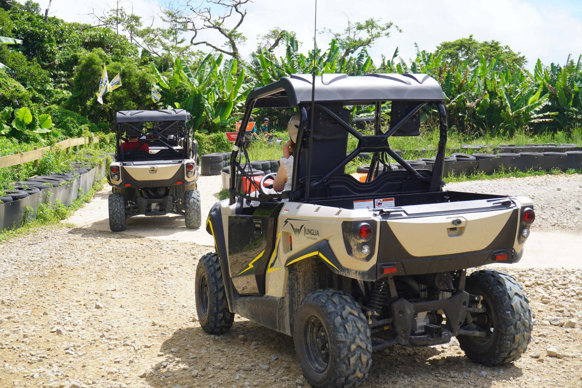 「バギーボルテージ～アドレナリンチャレンジコース～」は2人乗りの本格的なバギーでジャングルのなかを疾走するアトラクション。アップダウンの激しい道を疾走する難関コースで、要普通自動車免許。ヘルメットやゴーグルなど必要な装備は用意されている