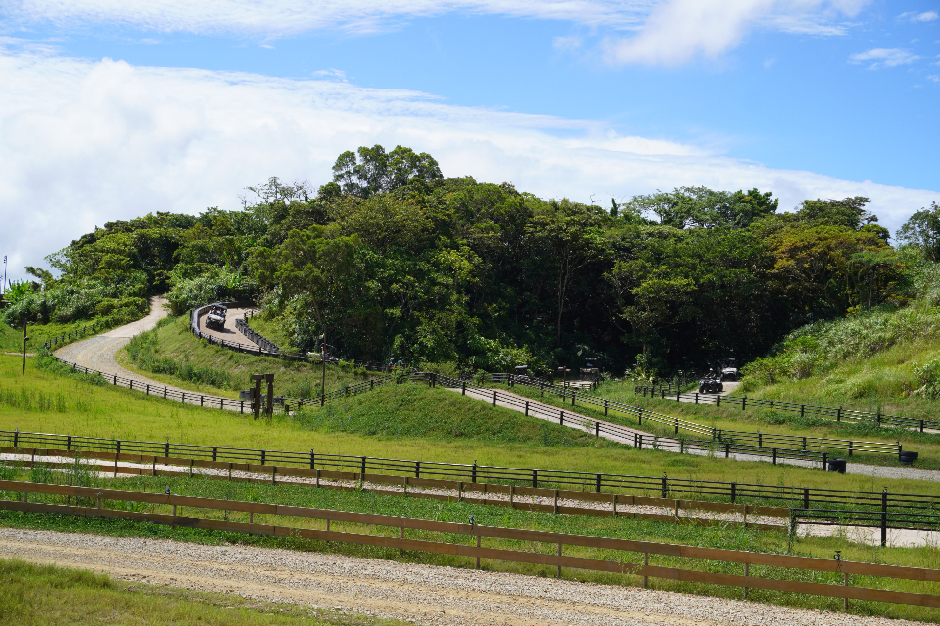 「バギーボルテージ～アドレナリンチャレンジコース～」は2人乗りの本格的なバギーでジャングルのなかを疾走するアトラクション。アップダウンの激しい道を疾走する難関コースで、要普通自動車免許。ヘルメットやゴーグルなど必要な装備は用意されている